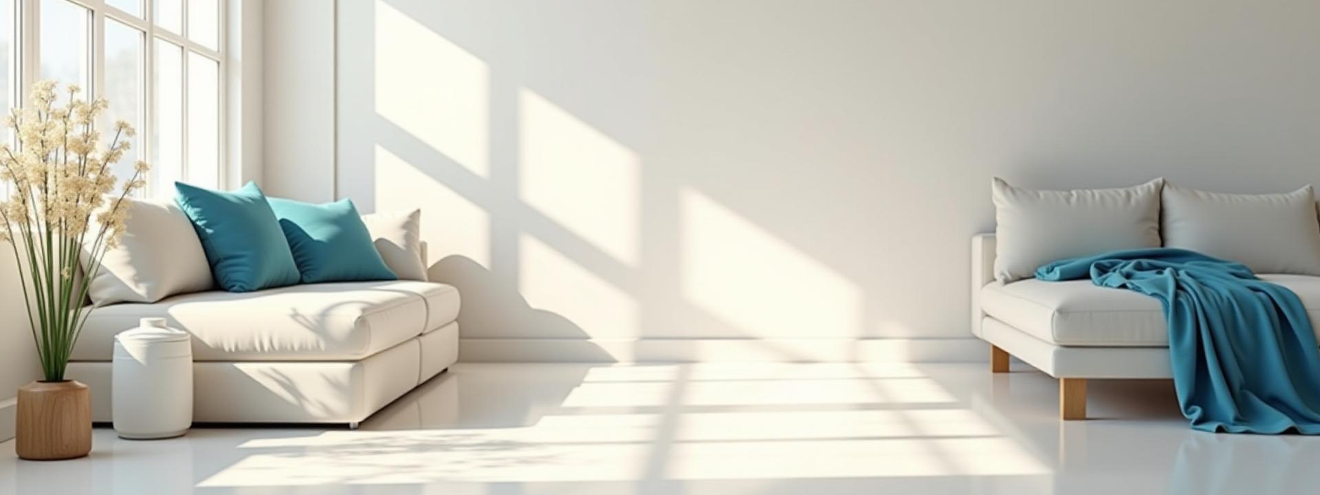 Spotless, modern apartment living room with sunlight streaming in, perfectly clean and inviting.