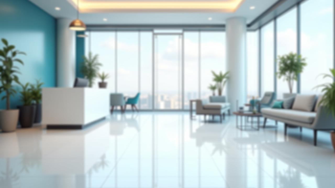 Pristine, modern commercial office reception area with bright lighting, showcasing a perfectly clean environment
