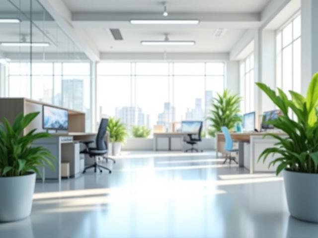 Bright, clean open-plan office space with healthy green potted plants and natural light