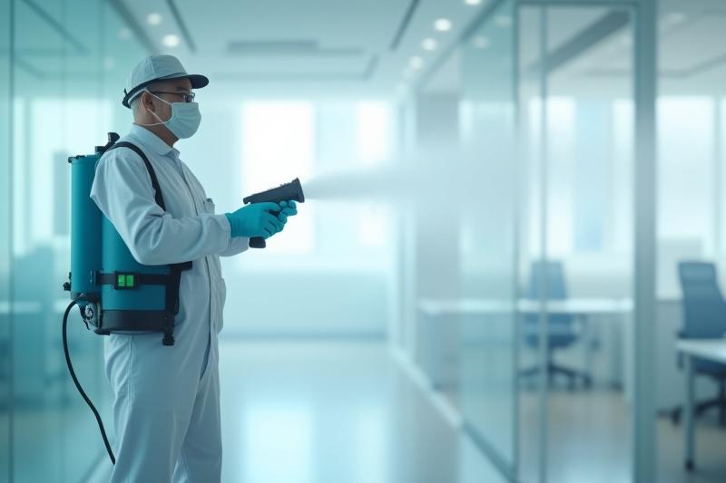 Professional cleaning technician in protective gear using an electrostatic fogger to disinfect a room, creating a fine mist that covers all surfaces.