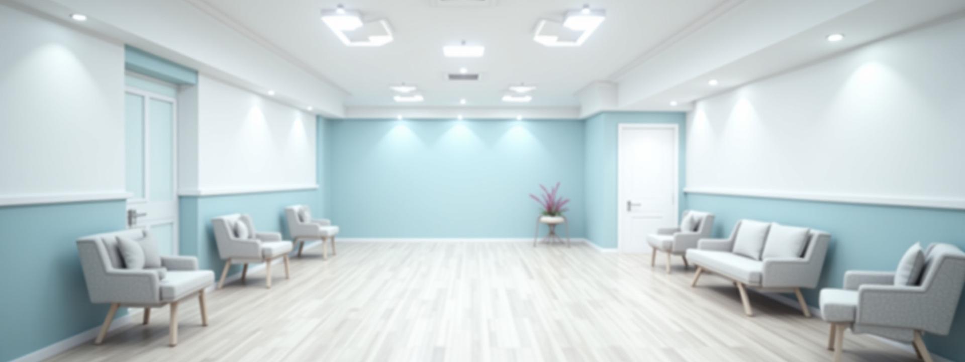 Pristine, modern medical waiting room with soft lighting, sanitized and ready for patients.