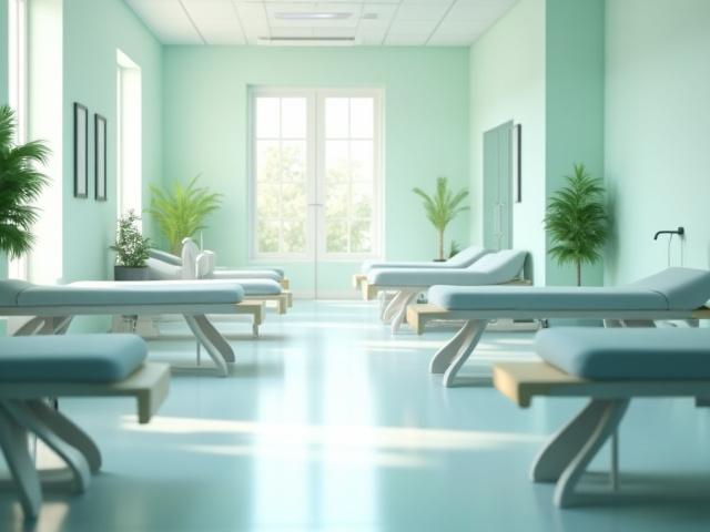 Spotless physiotherapy clinic with treatment beds and exercise equipment.