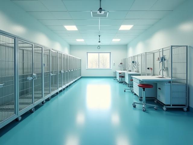 Clean and organized veterinary clinic with animal cages and examination table.