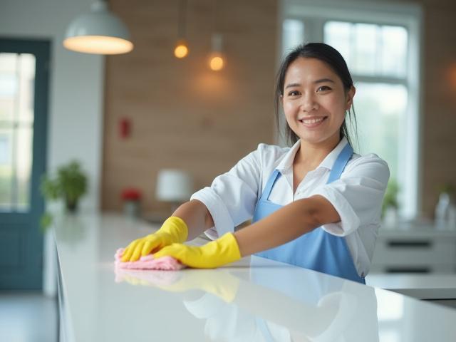 A professional, uniformed cleaner smiling while carefully wiping a modern office desk.