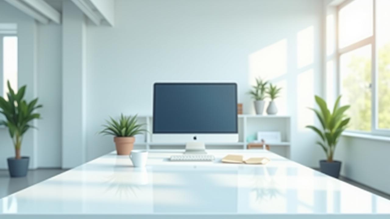 Immaculately clean and minimalist modern office space, ready for a productive workday, showing a sparkling desk setup